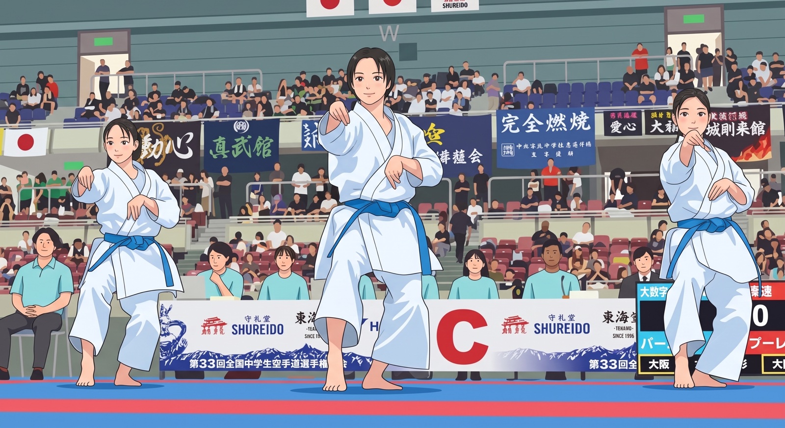 大会会場で形を演武する中学生女子3人を描いたイメージイラスト
