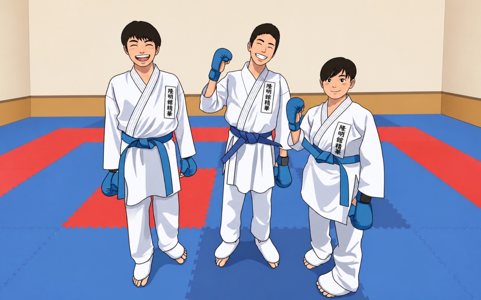 空手着と青い防具を身に着けた中学生3人を描いたイメージイラスト